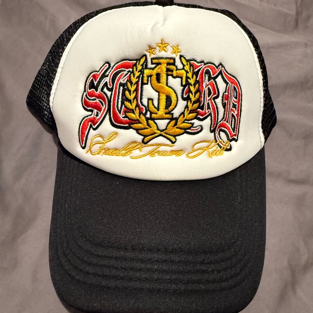 Black and White Trucker Hat with Embroidered Design